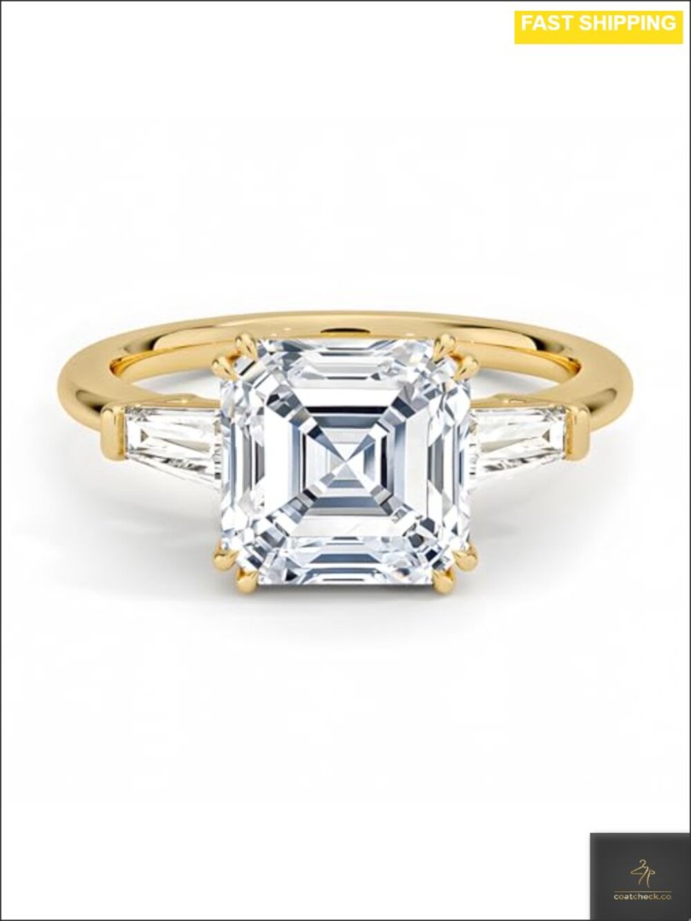 3 Stone Asscher Cut Moissanite Engagement Ring 18K White Gold Plated S925